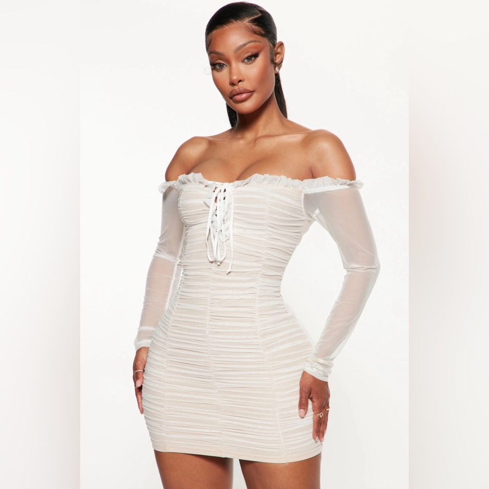 FASHION NOVA Bodycon Off Shoulder Ruched Sheer Lace Dress M